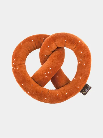 Top view of a soft pretzel plush dog toy