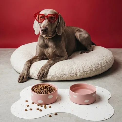 White bone-shaped silicone placemat with pink dog bowls
