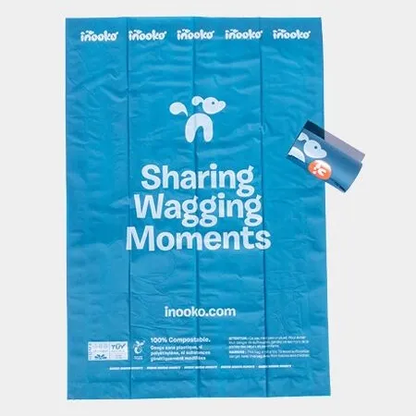 Blue packaging for compostable dog poop bags by Inooko